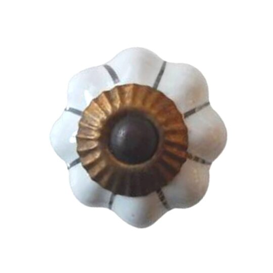 Pomello per mobili in ceramica bianca con profilo sagomato, linee nere decorative e finitura bronzata SCMK-80