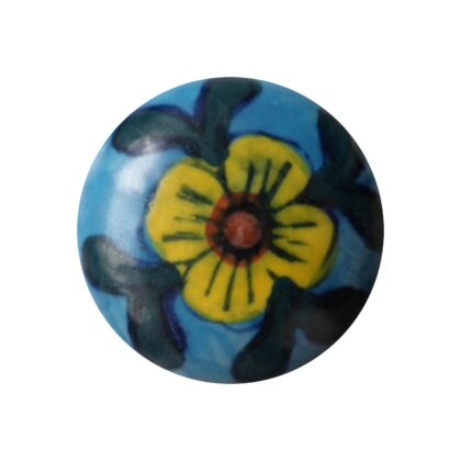 Pomello in ceramica PCK-05 azzurro con decoro floreale giallo, foglie verde scuro e motivi beige