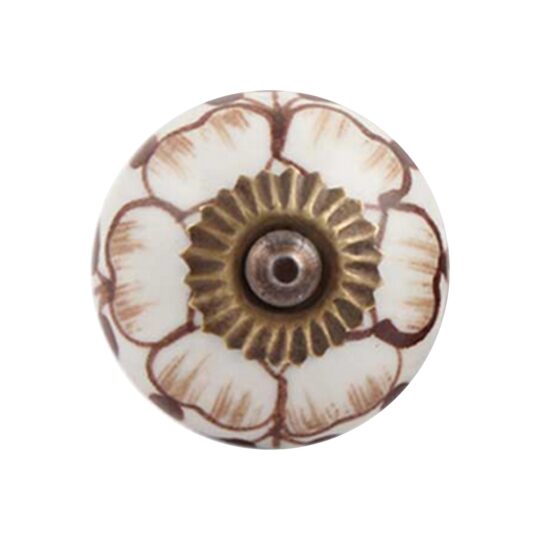 Vista frontale del pomello in ceramica bianco con fiori marroni