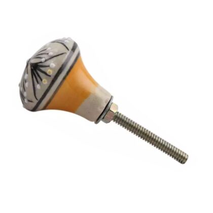 Pomello in ceramica FBK-36 bianco e nero con motivo floreale, fascia gialla e accessori in metallo