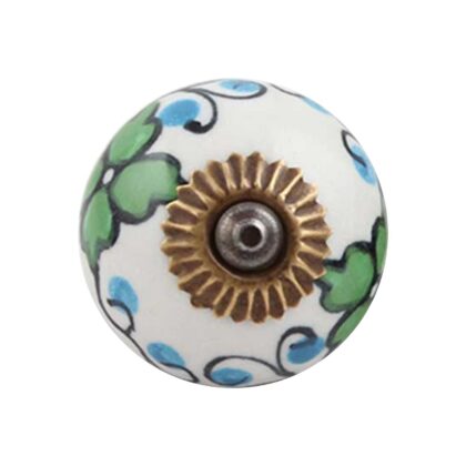 Vista frontale del pomello in ceramica bianco con verde e azzurro