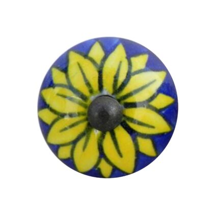 Pomello per mobili in ceramica blu con decorazione floreale gialla CK-560