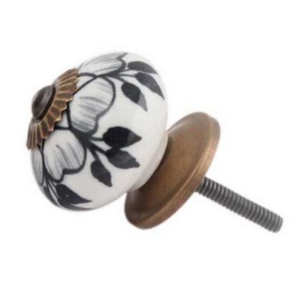 Pomello in ceramica bianco con fiori neri e accessori in metallo CK-402