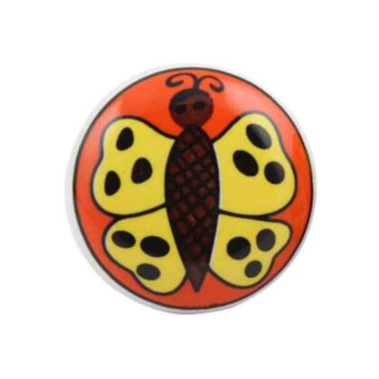 Pomello in ceramica arancio decorato a mano con farfalla gialla CK-411