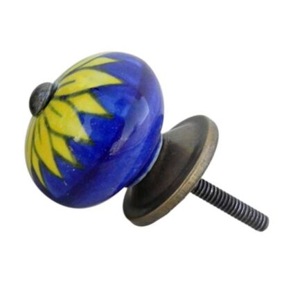 Pomello in ceramica blu dipinta a mano con fiore giallo CK-560