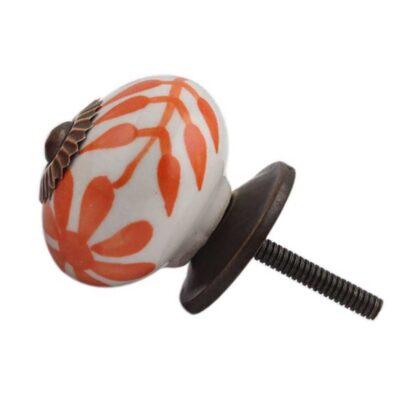Pomello in ceramica bianca con decoro di foglie arancioni CK-467