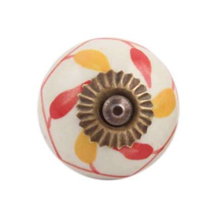 Pomello in ceramica crema con motivo a foglie rosso e giallo e accessori in metallo CK-392