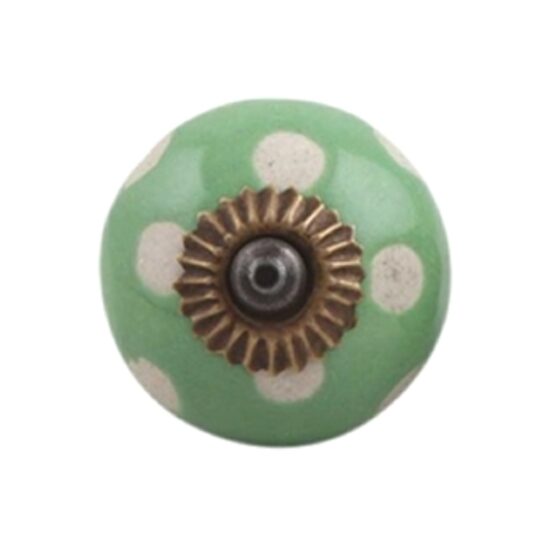 Pomello per mobili in ceramica verde con decorazione a pois bianchi DCK-96