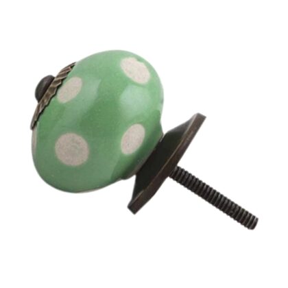 Pomello in ceramica verde decorata a mano con pois bianchi DCK-96