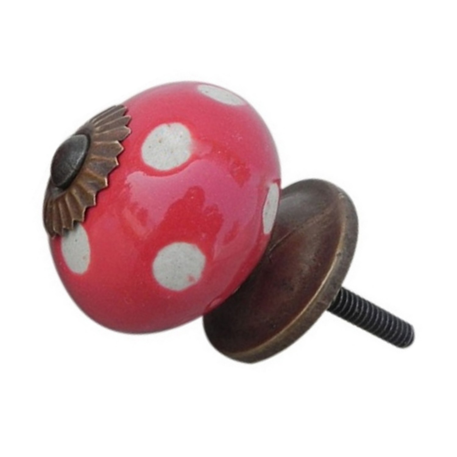 Pomello rosso in ceramica con pois bianchi in rilievo, vista angolata