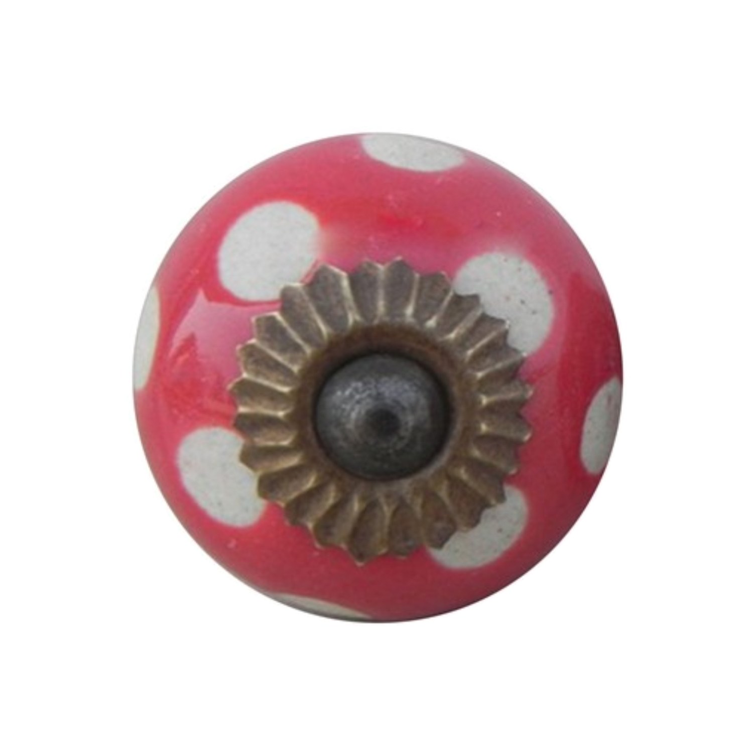 Vista frontale del pomello rosso in ceramica con pois bianchi