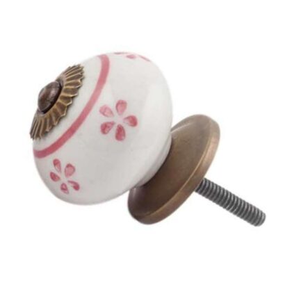 Pomello in ceramica bianco con piccoli fiori rosa e accessori in metallo CK-420