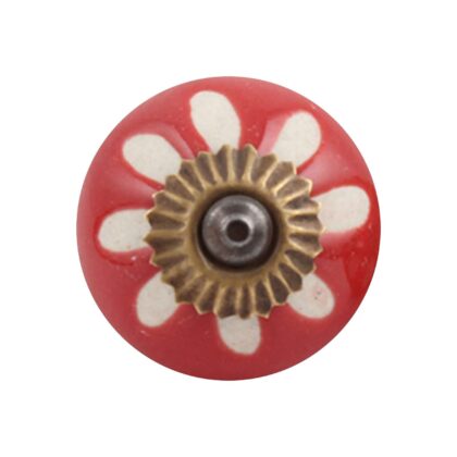 Pomello in ceramica rosso con motivo a fiore bianco e accessori in metallo CK-353