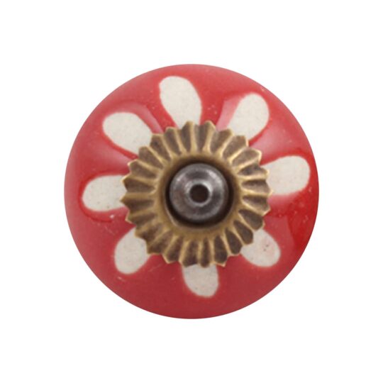 Pomello in ceramica rosso con motivo a fiore bianco e accessori in metallo CK-353