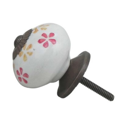 Pomello in ceramica bianco con decoro floreale rosa e giallo CK-819
