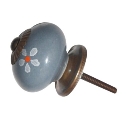 Pomello in ceramica grigio/azzurra dipinta a mano con fiori bianchi CK-378