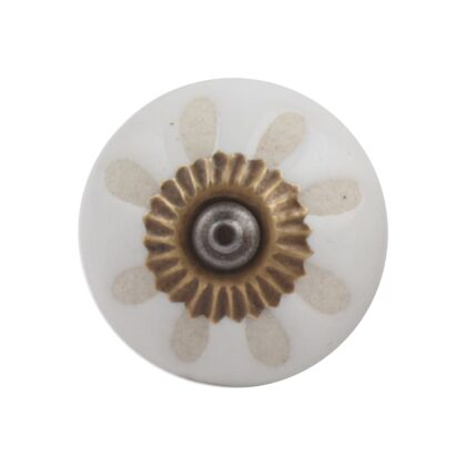 Pomello bianco in ceramica con decorazione floreale visto frontalmente