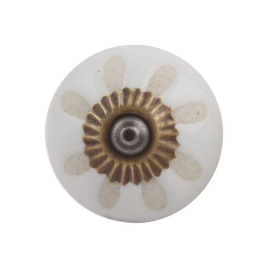 Pomello bianco in ceramica con decorazione floreale visto frontalmente