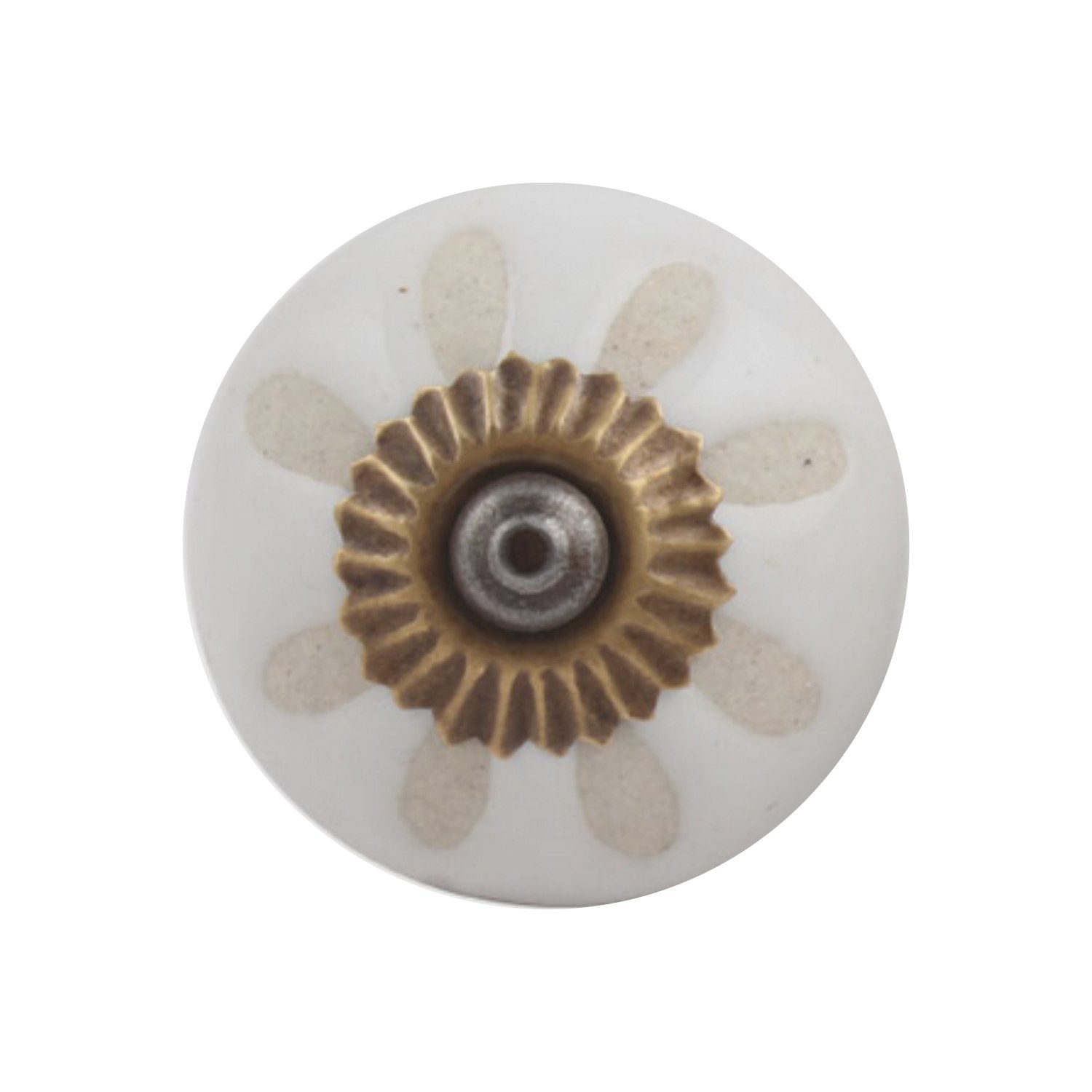 Pomello bianco in ceramica con decorazione floreale visto frontalmente