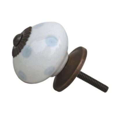 Pomello rotondo in ceramica bianca con pois azzurri DCK-02