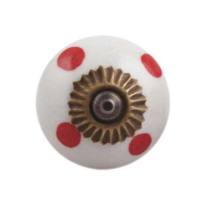 Pomello DCK-04 in ceramica bianca con pois rossi e accessori con finitura anticata/bronzata