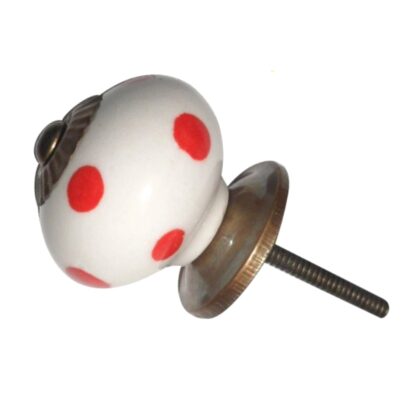 Pomello in ceramica bianca dipinta a mano con pois rossi DCK-04
