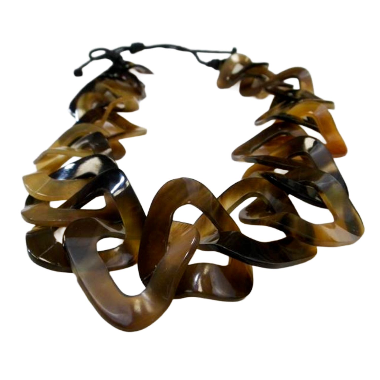 Collana artigianale Quang Tri in corno naturale con elementi geometrici concatenati ambra, marroni e neri