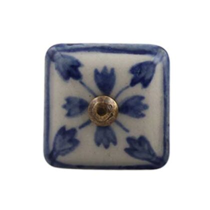 Pomello quadrato in ceramica bianca e blu con decoro floreale CK-755