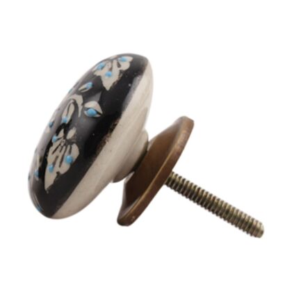 Pomello in ceramica nero con motivo floreale e decori azzurri