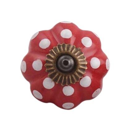 Pomello in ceramica rosso con pois bianchi e inserto in finitura anticata/bronzata DCK-12