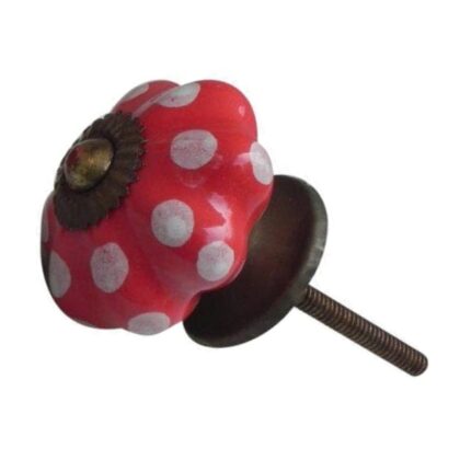 Pomello rosso a pois bianchi in ceramica con accessori con finitura anticata/bronzata DCK-12