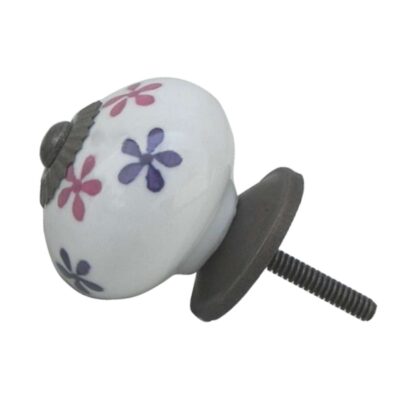Pomello in ceramica bianco con decoro floreale rosa e viola CK-702
