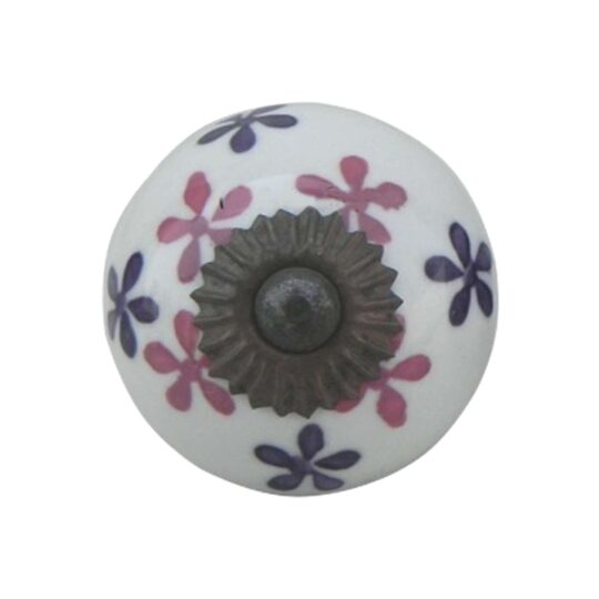 Pomello in ceramica bianco con piccoli fiori rosa e viola CK-702