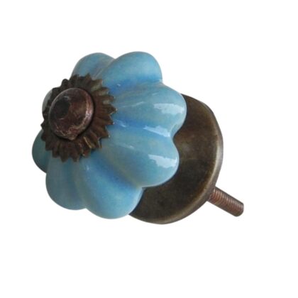 Pomello azzurro a fiore SCMK-51 in ceramica lucida con rosetta centrale in metallo anticato