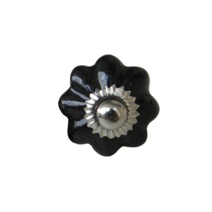 Pomello nero a fiore SCMK-11 Silver in ceramica lucida con base e accessori in metallo argentato