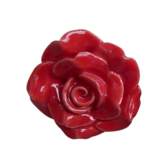 Vista frontale del pomello in ceramica a forma di rosa rossa