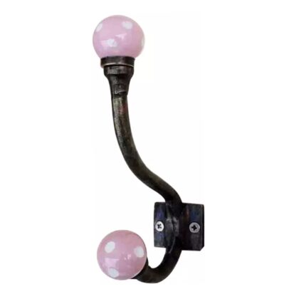 Gancio appendiabiti WWH-130 rosa a pois bianchi con pomelli in ceramica e metallo anticato