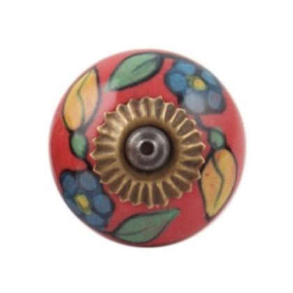 Pomello in ceramica rosso con decoro floreale blu e giallo CK-31