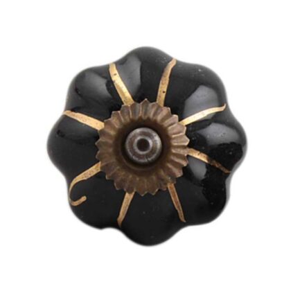 Pomello per mobili in ceramica nera con motivo a linee oro e finitura bronzata SCMK-158