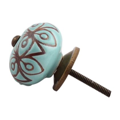 Pomello in ceramica azzurro con decoro marrone