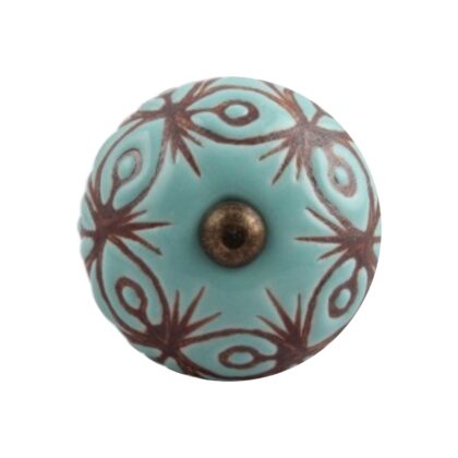 Vista frontale del pomello in ceramica azzurro con decoro marrone