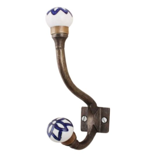 Gancio appendiabiti WWH-273 bianco e blu con pomelli in ceramica dipinta a mano e metallo anticato