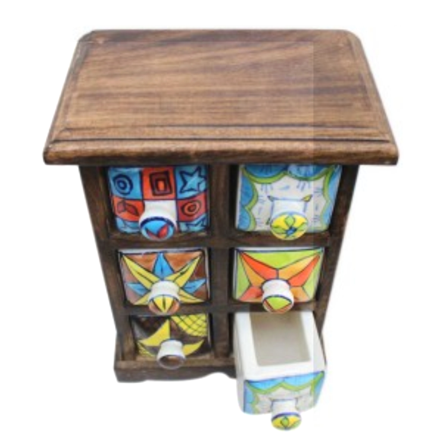 Portaspezie PS-570 in legno scuro con 6 cassetti in ceramica dipinta a mano