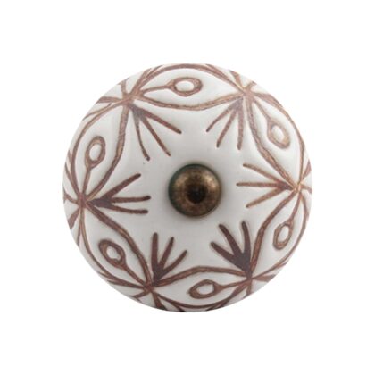Pomello rotondo in ceramica bianca decorato con fiori stilizzati marroni CK-1357