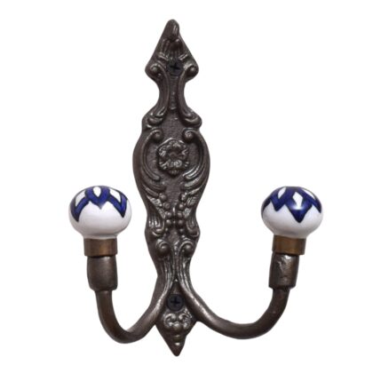 Gancio doppio appendiabiti WWH-141 bianco e blu con pomelli in ceramica e metallo anticato