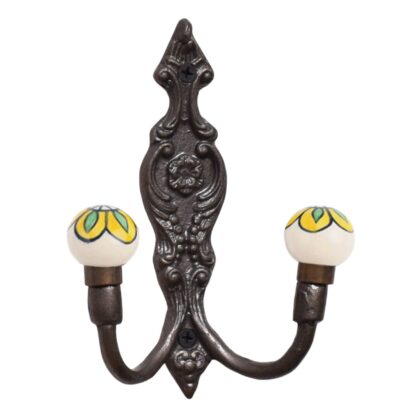 Gancio doppio appendiabiti WWH-416 con pomelli in ceramica gialli e verdi e metallo anticato