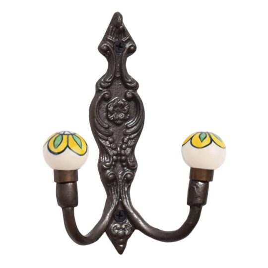 Gancio doppio appendiabiti WWH-416 con pomelli in ceramica gialli e verdi e metallo anticato