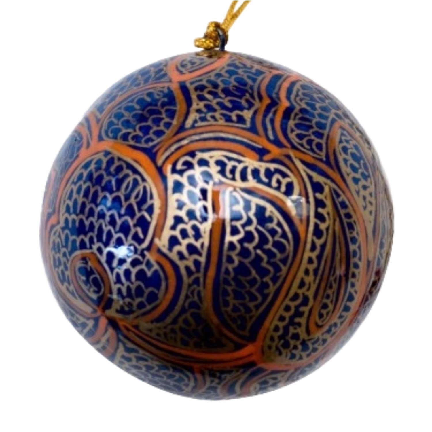 Pallina di Natale in cartapesta di riso dipinta a mano con decorazione geometrica blu e arancio