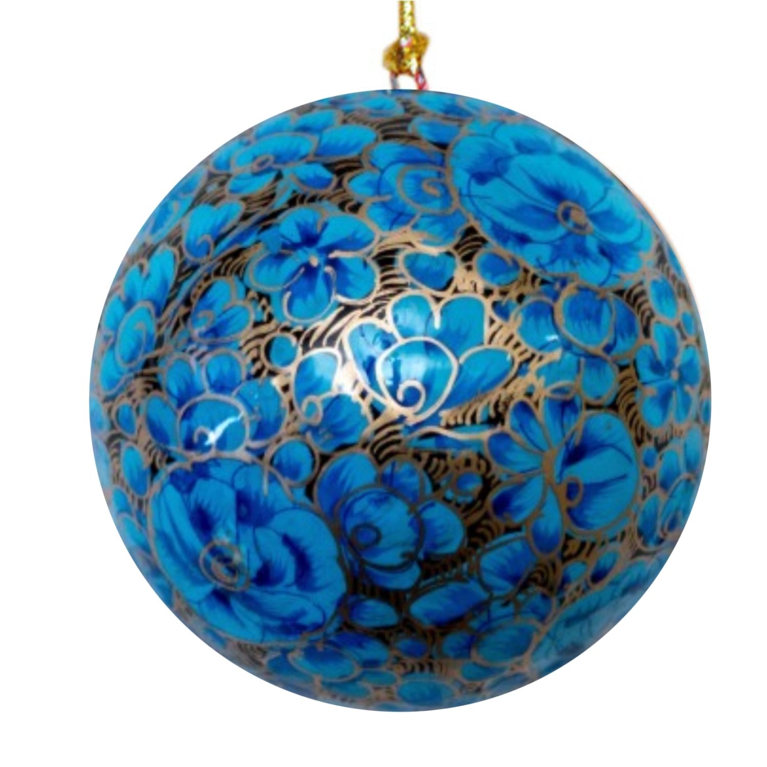 Pallina di Natale in cartapesta di riso dipinta a mano con decorazione floreale blu