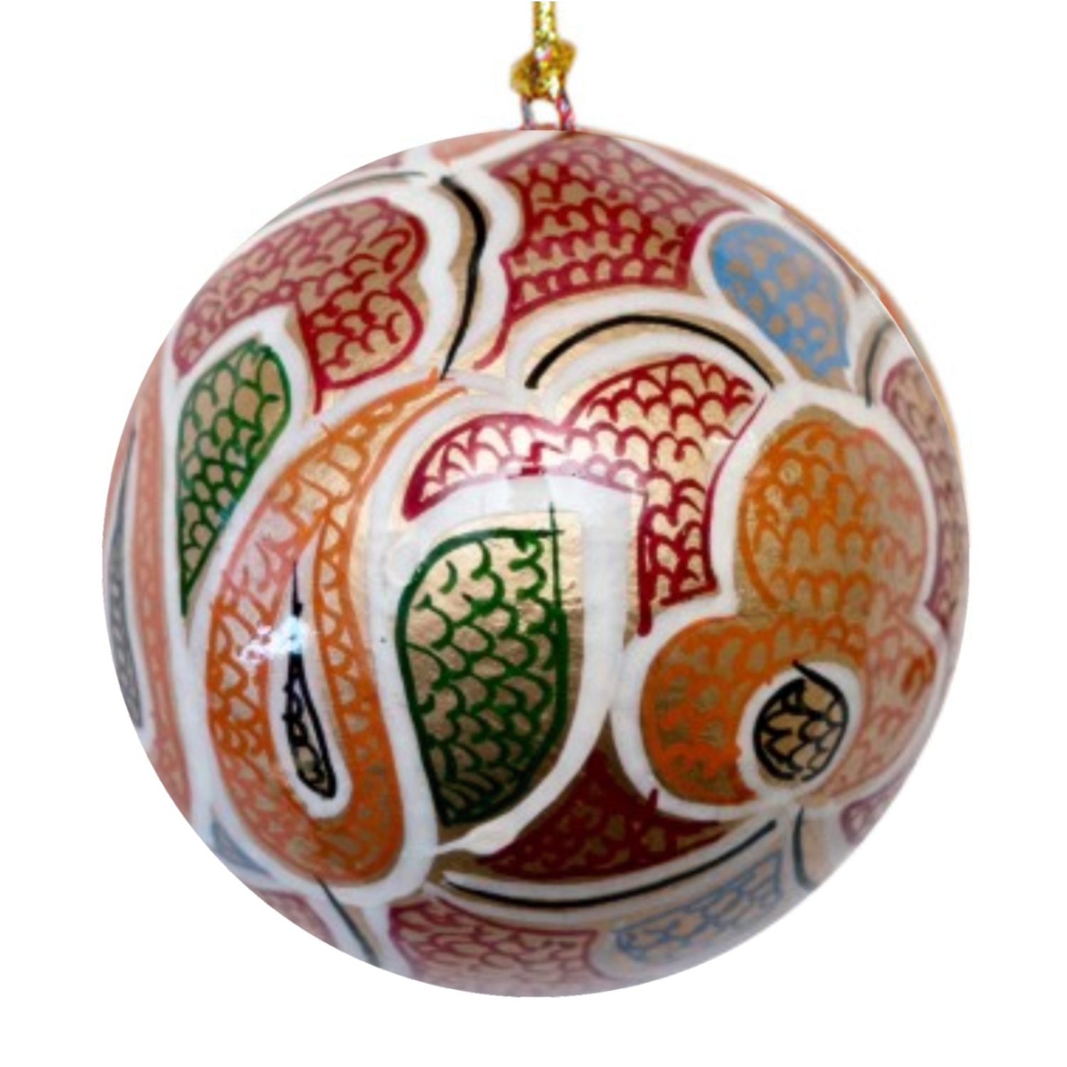 Pallina di Natale in cartapesta di riso dipinta a mano con decorazione geometrica multicolore su fondo crema